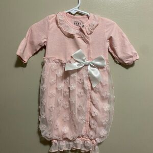Pink Baby Gown with Lace Overlay and Satin Bow